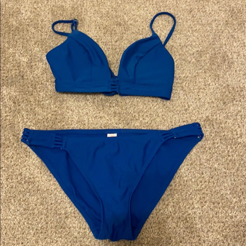 Two piece royal blue swimsuit.